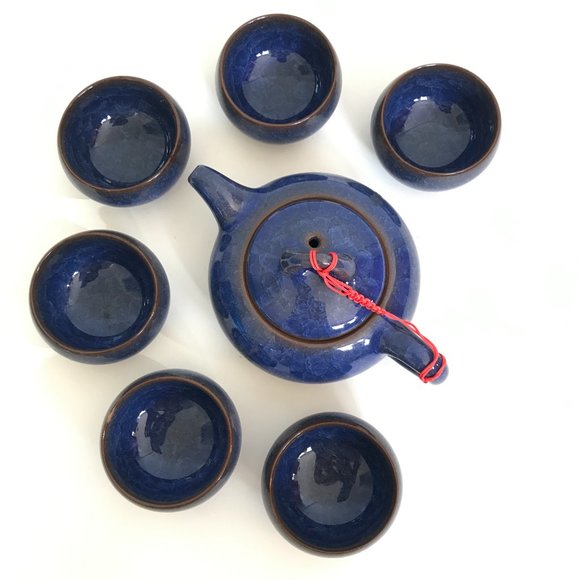 Asian Blue Ice Crackle Glazed Terracotta Teapot and Tea Cup Set - 7 Pieces - Picture 5 of 11